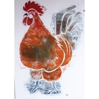 6 Big Red Cockerel Collagraph 56x42cm